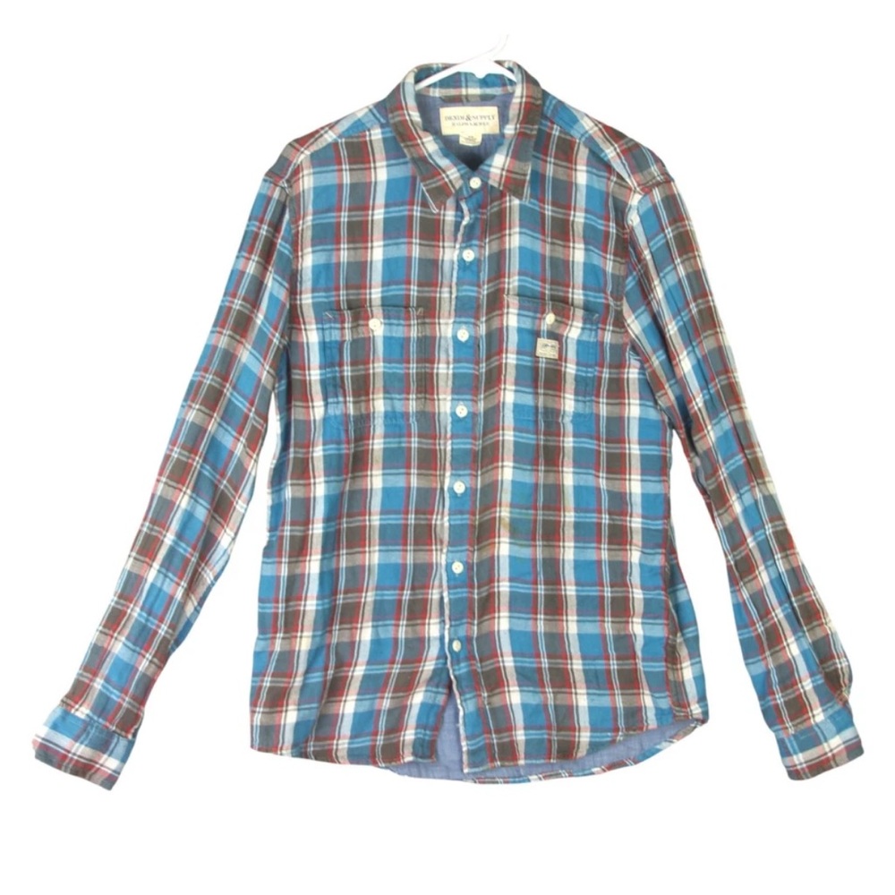 VTG Ralph Lauren Denim & Supply Blue Red Plaid Lightweight Flannel Shirt Medium